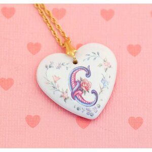 Vintage White Heart Fantasy Letter E Pendant Necklace 24 inch by Avon - X9